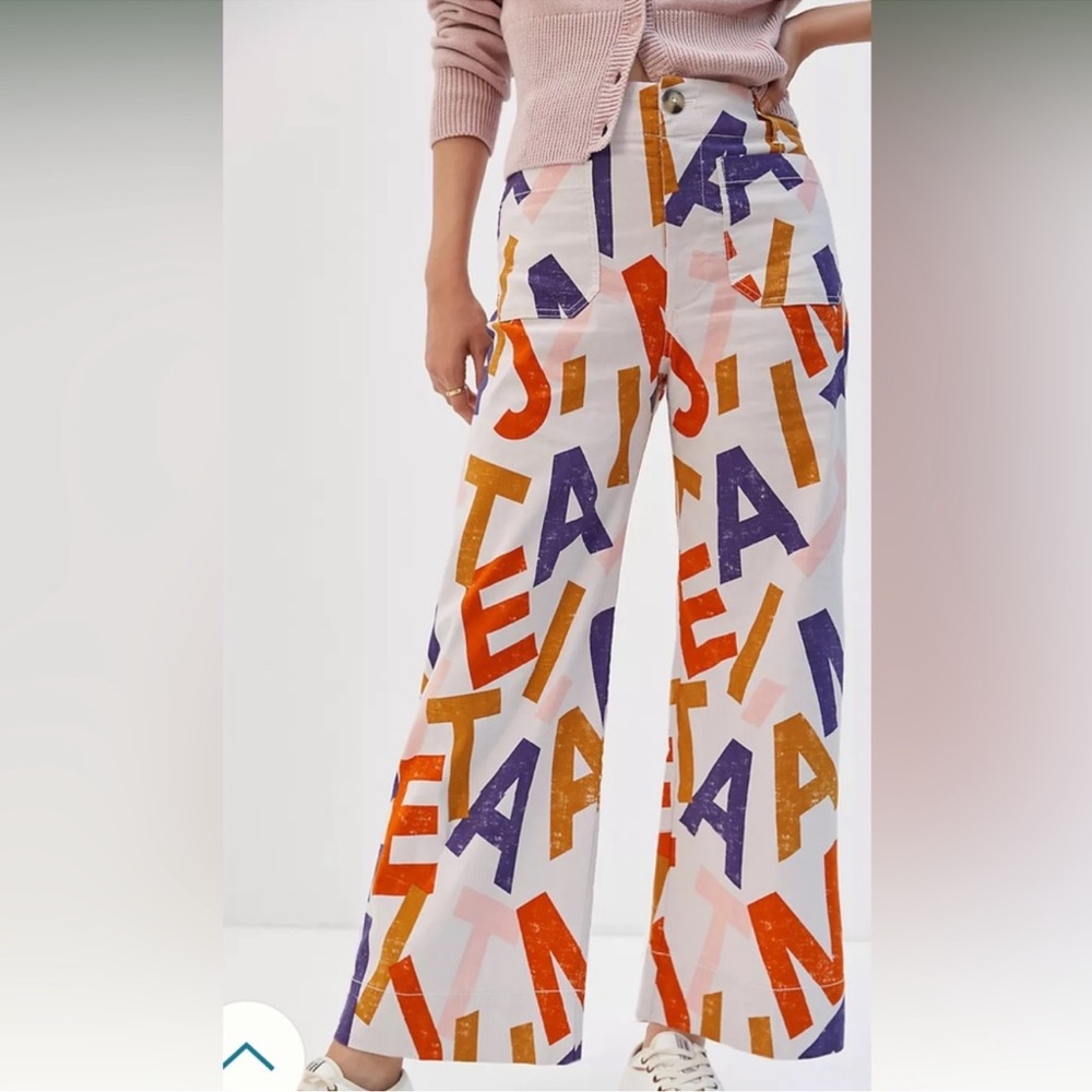 Maeve Anthropologie linen blend Colette Alphabet Cropped Wide-Leg Pants 30 NWT